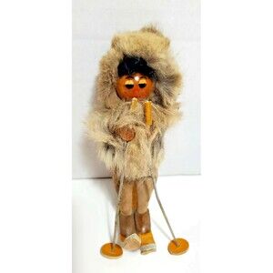 Vintage Polish Skier Doll Real Fur Hood Hand Painted Face Leather Suede